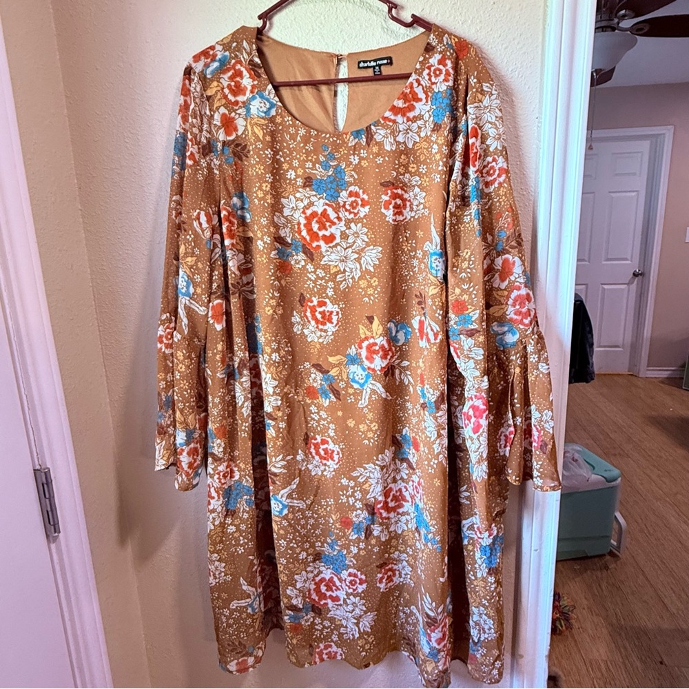 Papermoon Mustard Floral Midi Dress with Blue & White Accents